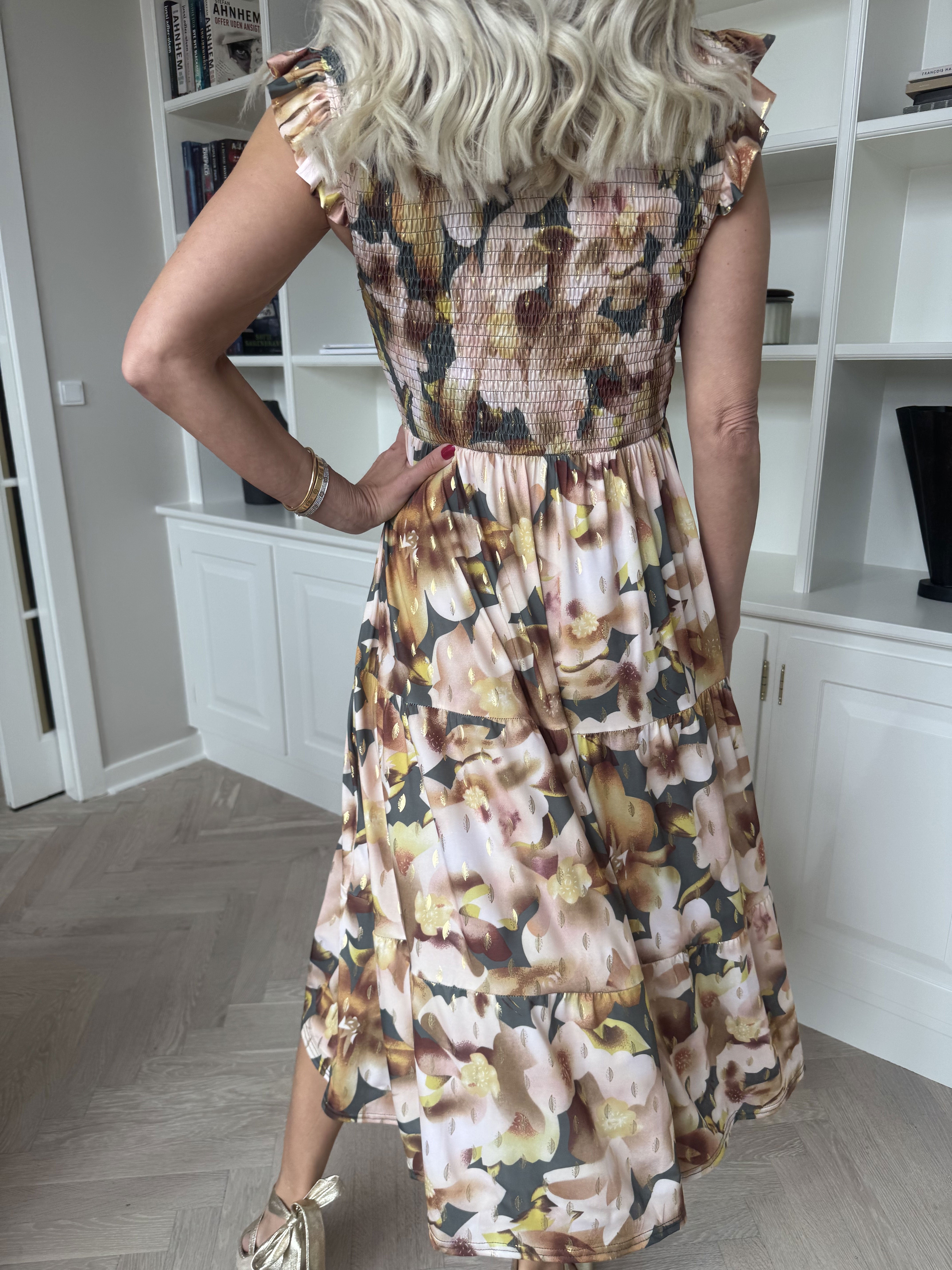 Kelly Floral Sleeveless - Blommig klänning med smockat bröst